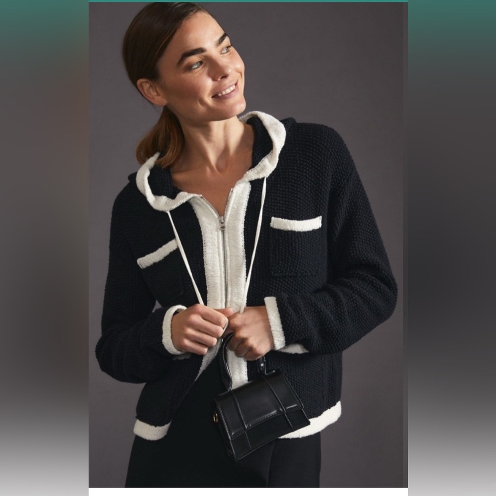 Anthropologie Maeve Harriett Zip Front Hooded Cardigan Sweater Sz XL Black White